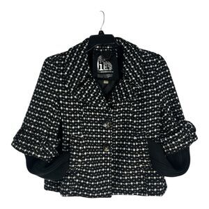 GET Womens Large Tweed Cropped Jacket Detachable Sleeve Black White Button Front